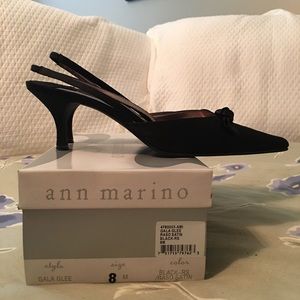Black satin kitten heel pumps
